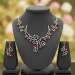 Elegant Gold-Plated Silver Floral Necklace Set with Ruby Red Stones