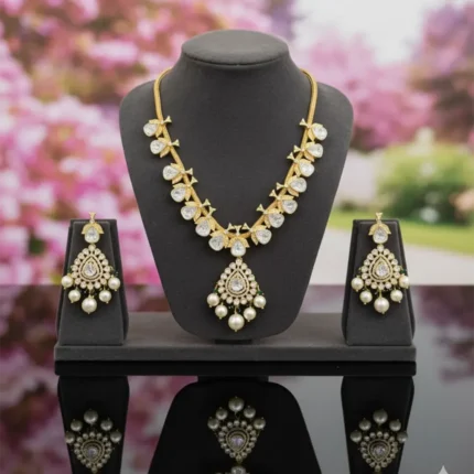 Elegant Polki-Style Kite Stone Necklace Set with Pearl Drops & Gold Finish