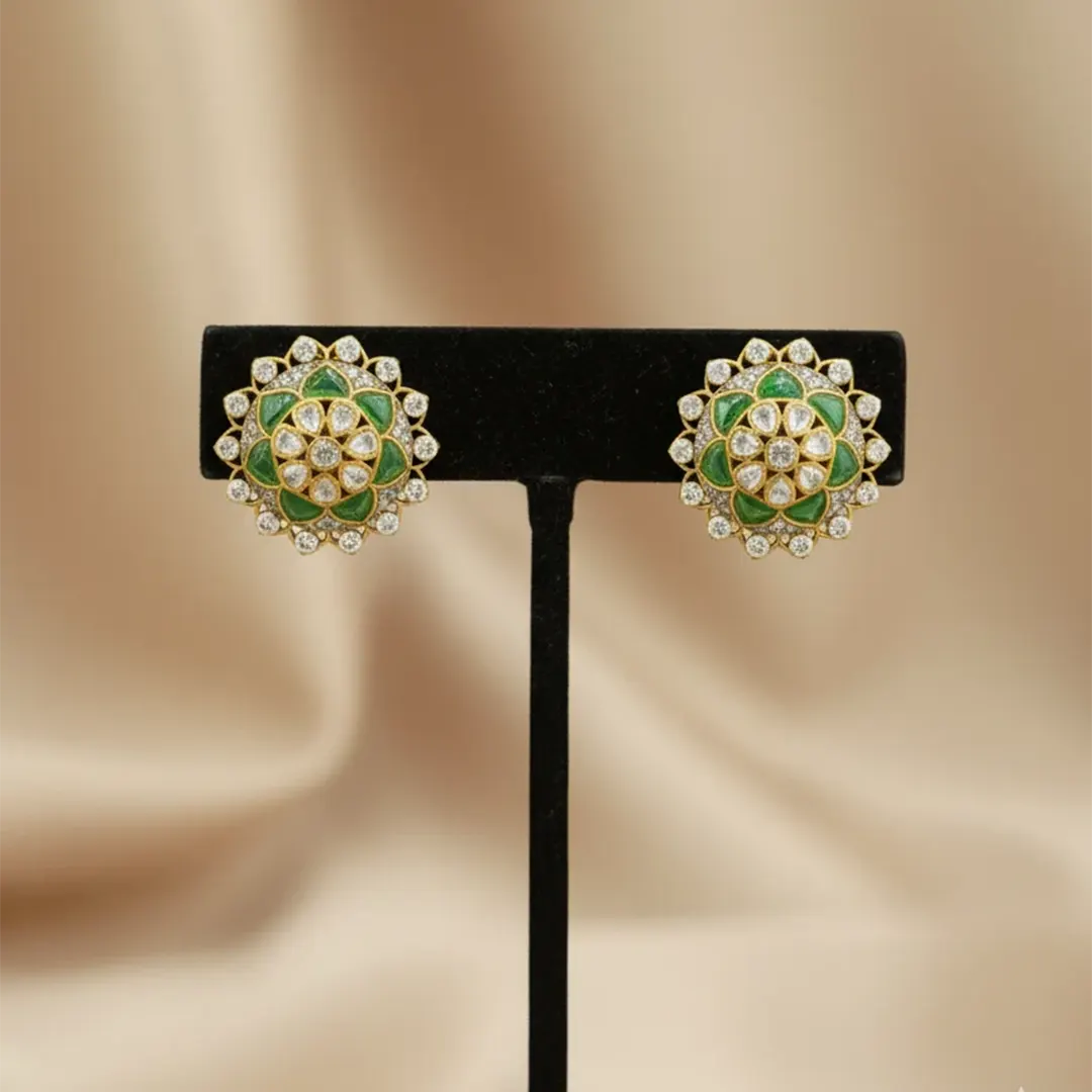 Emerald Green & Polki-Style Floral Stud Earrings Emerald Green & Polki-Style Floral Stud Earrings - Image 1