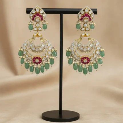 Emerald & Ruby Chandbali Earrings with Polki-Style Brilliance