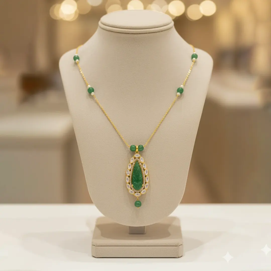 Exquisite Carved Emerald & Uncut Stone Drop Necklace Exquisite Carved Emerald & Uncut Stone Drop Necklace - Image 1