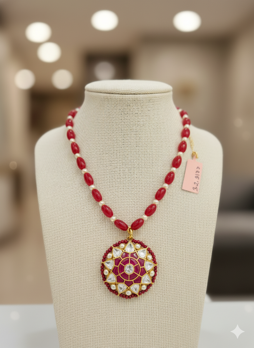Gemini_Generated_Image_6jl57m6jl57m6jl5 Mesmerizing Ruby Bead and Kundan-Style Floral Pendant Necklace - Image 1