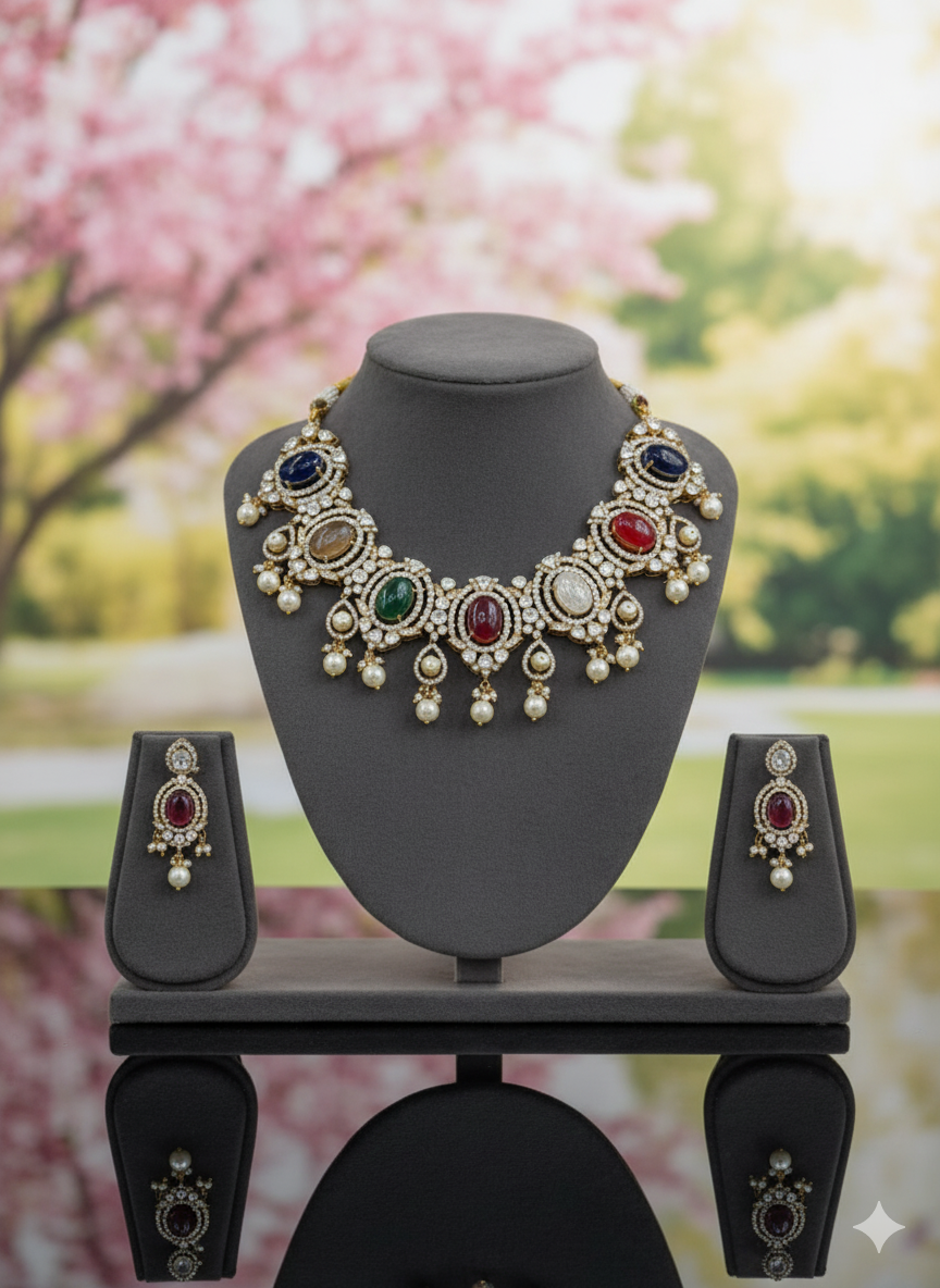 Gemini_Generated_Image_dpq708dpq708dpq7 Regal Navratna Polki Choker Set with Multi-Colored Stones & Pearl Drops - Image 1