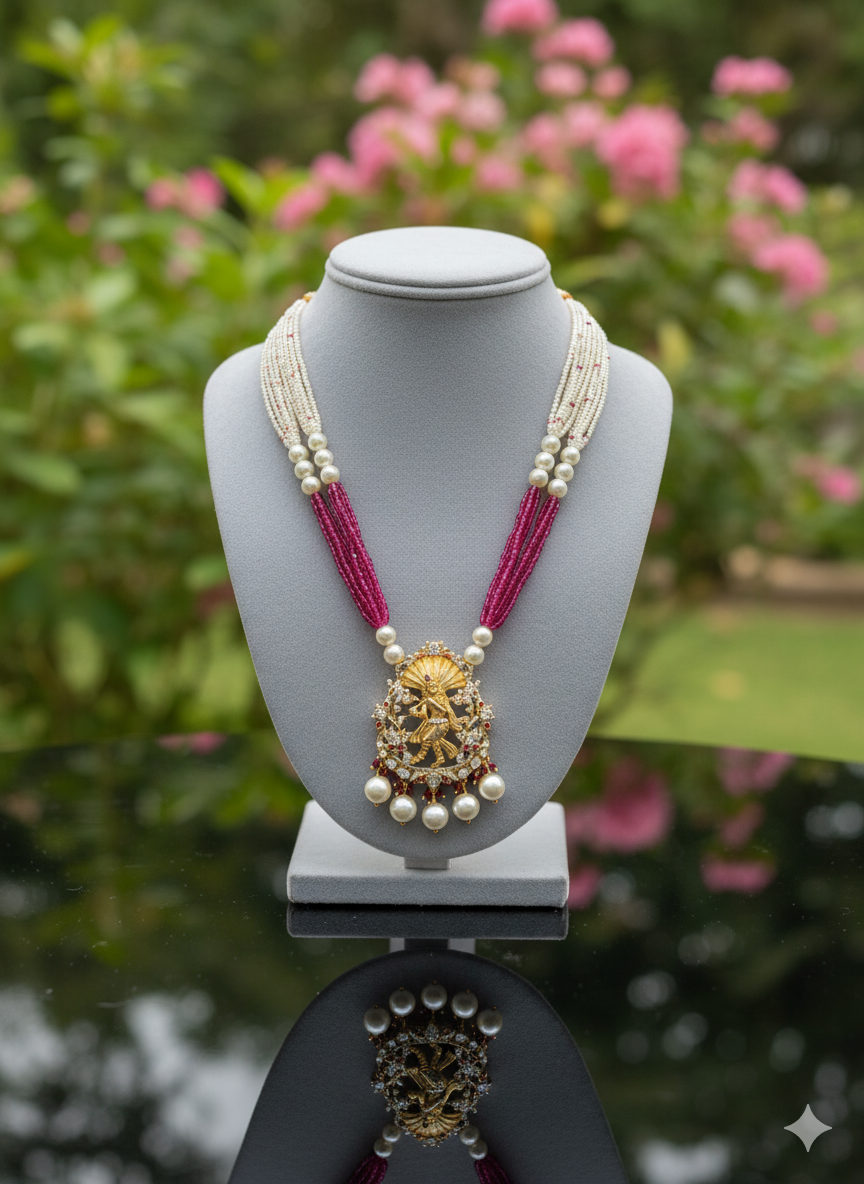 Gemini_Generated_Image_m092yvm092yvm092 Traditional Gold-Plated Temple Pendant Necklace with Ruby Beads & Pearls - Image 1