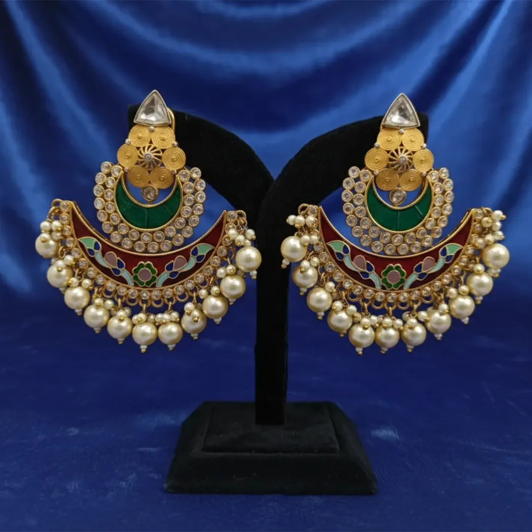 Regal Emerald Crescent Polki Earrings Regal Emerald Crescent Polki Earrings - Image 1