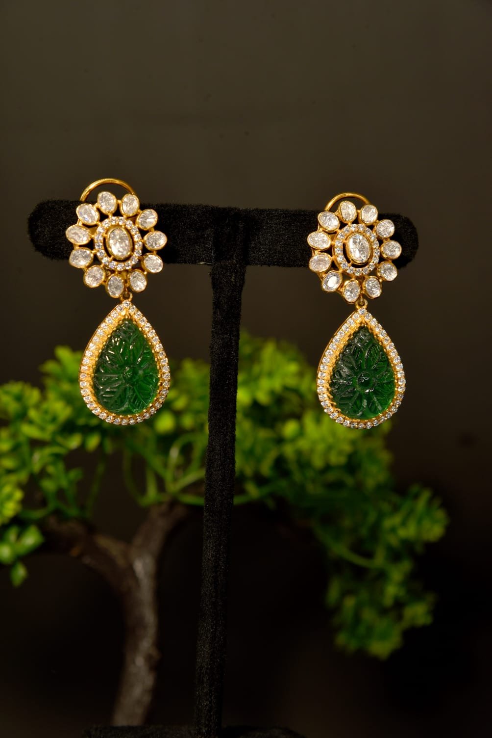 WhatsApp Image 2025-10-27 at 3.11.43 PM (1) The "Carved Emerald Teardrop" Polki Earrings - Image 1
