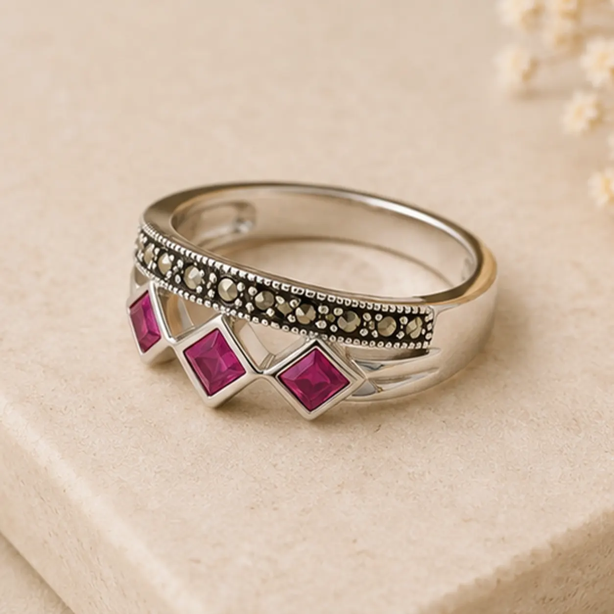 Royal Ruby Marcasite Vintage Ring - Image 3
