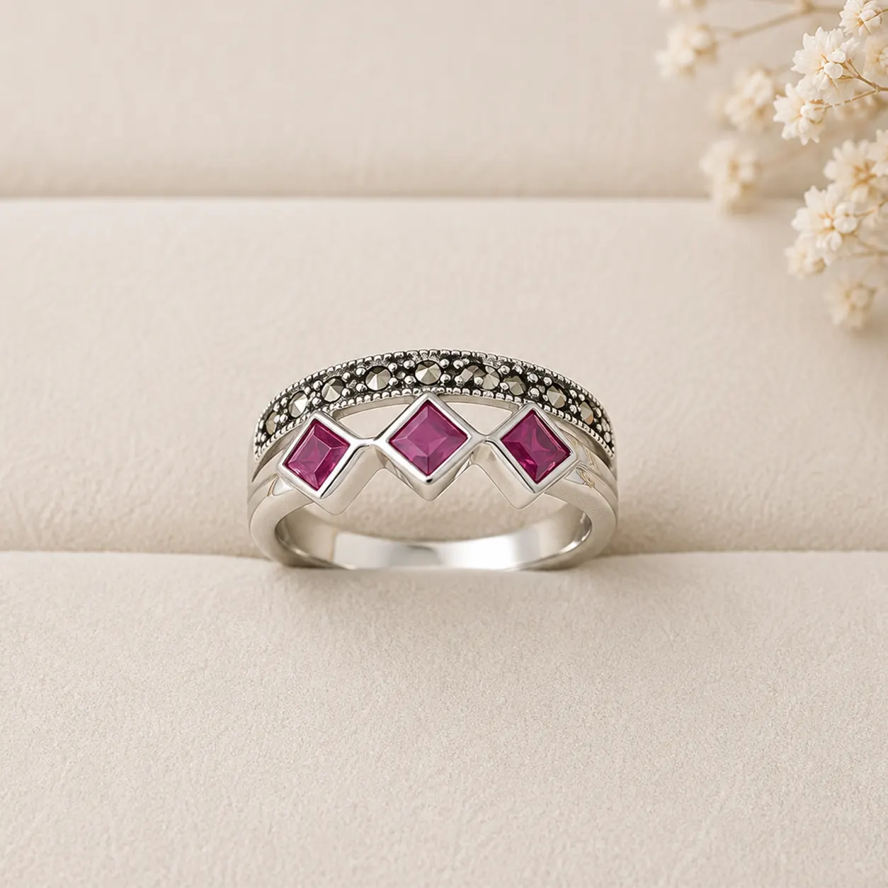 Royal Ruby Marcasite Vintage Ring - Image 1